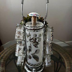 MCM Glenshaw Decanter w/Cordial Glasses Chrome Stand w/Silver BIrd&flower Design